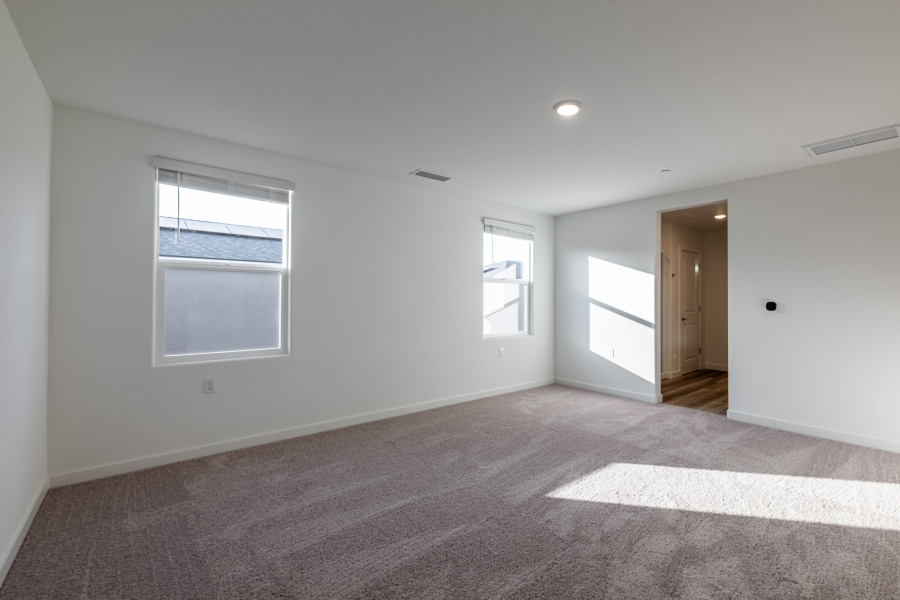 A room with a carpet and windows.