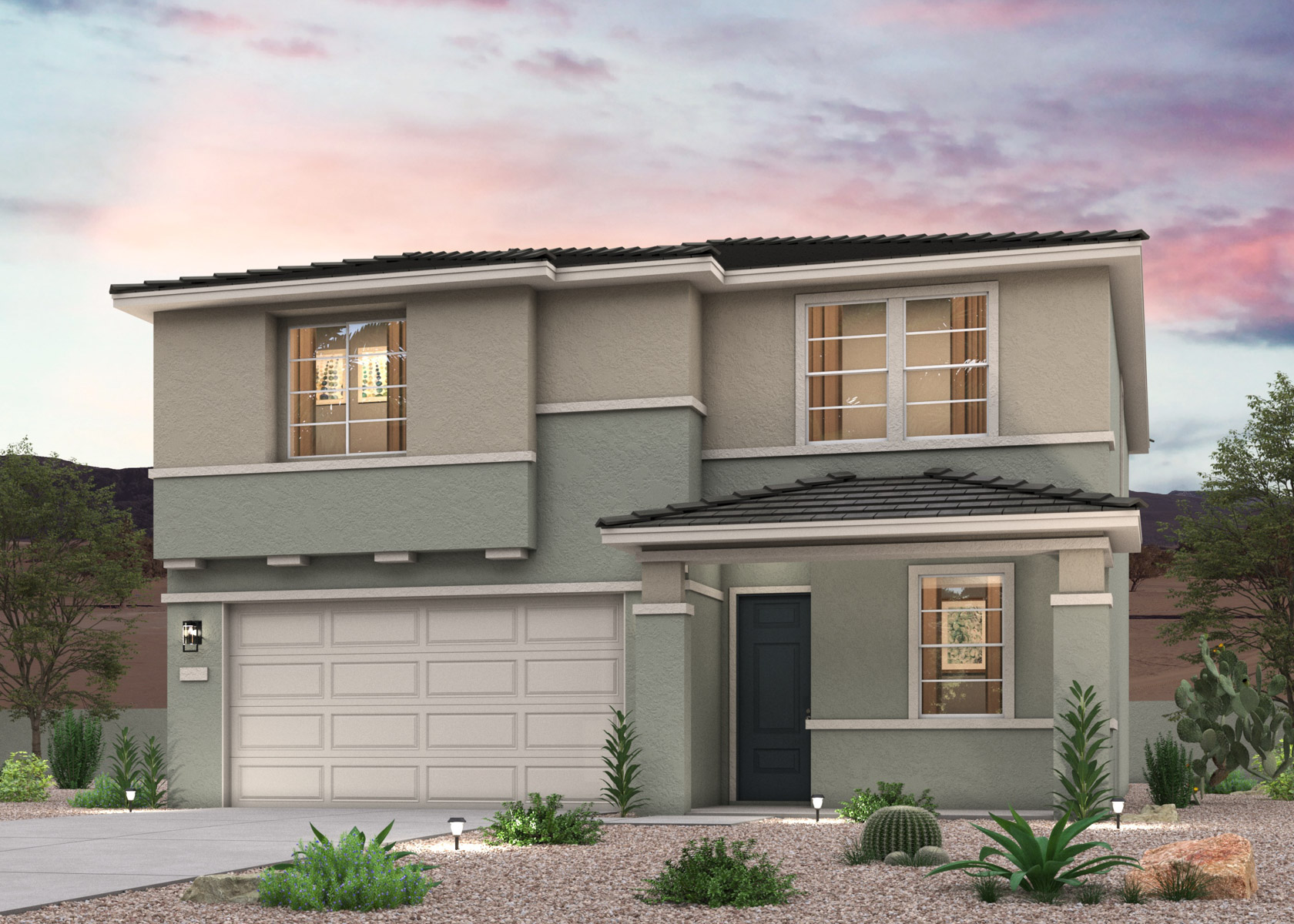 Twilight rendering of a new 2-story home for sale in Buckeye, AZ with 2 car garage at Montana Vista by Century Communities.