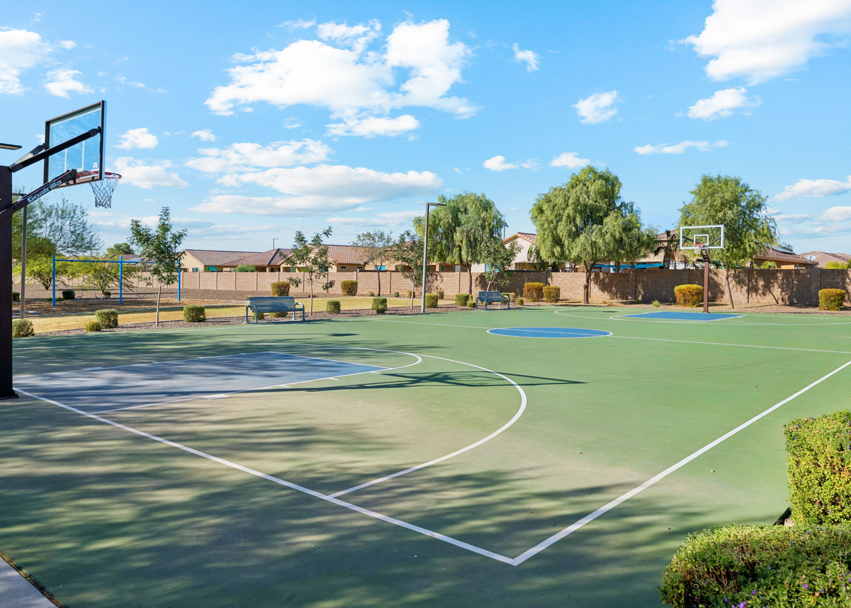 A tennis court with a net.