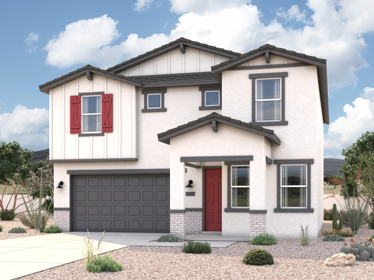 Rendering of front of new home for sale in San Tan, AZ with 2 car garage in the beautiful Skyline Village community with pool.