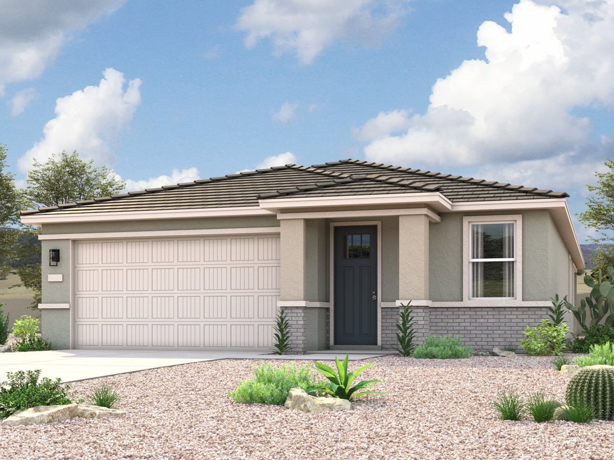 Rendering of front of new home for sale in San Tan, AZ with 2 car garage in the beautiful Skyline Village community with pool.