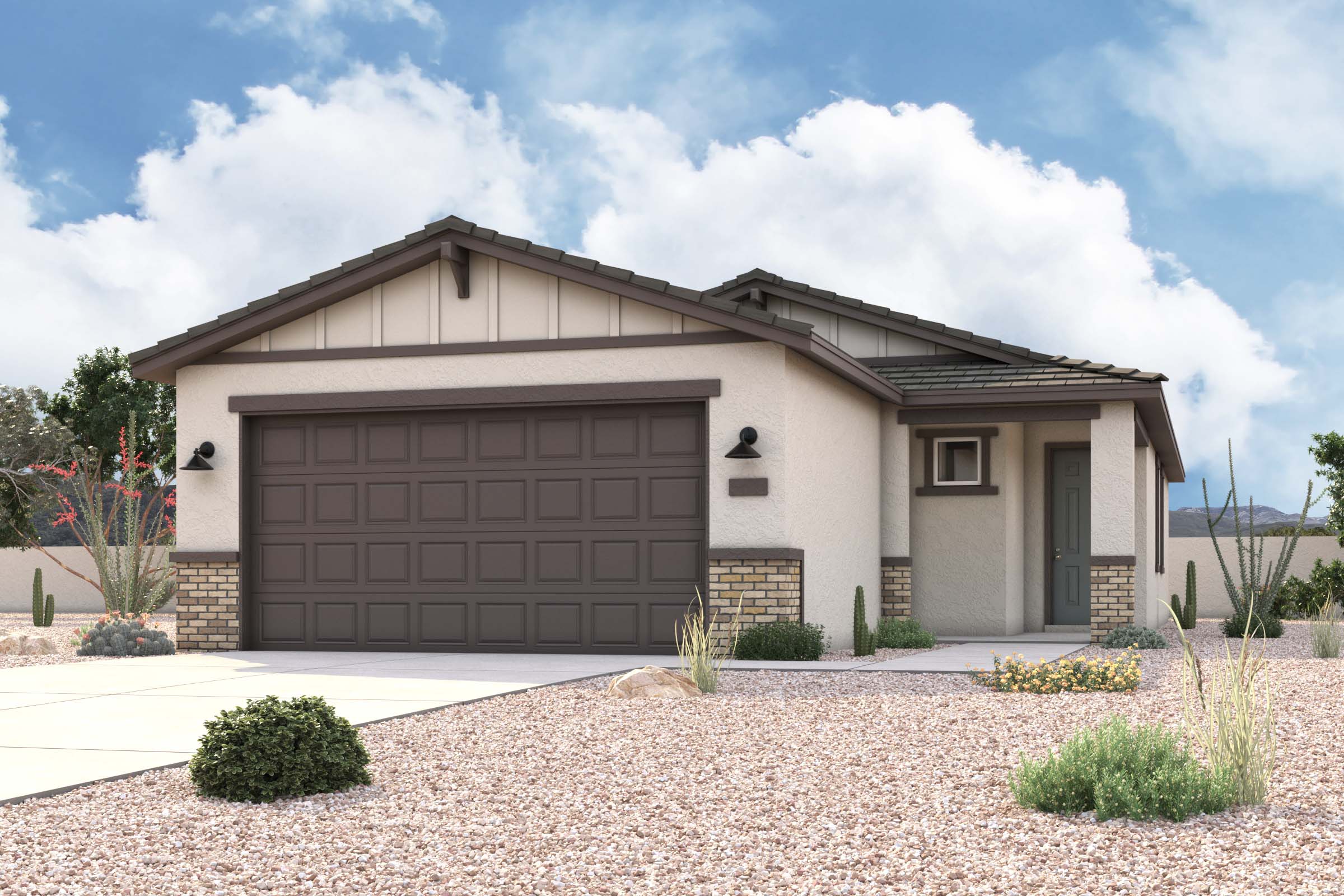 Rendering of front of new home for sale in San Tan Valley, AZ at Skyline Village the Highlands Collection by Century Communities with 2 car garage.