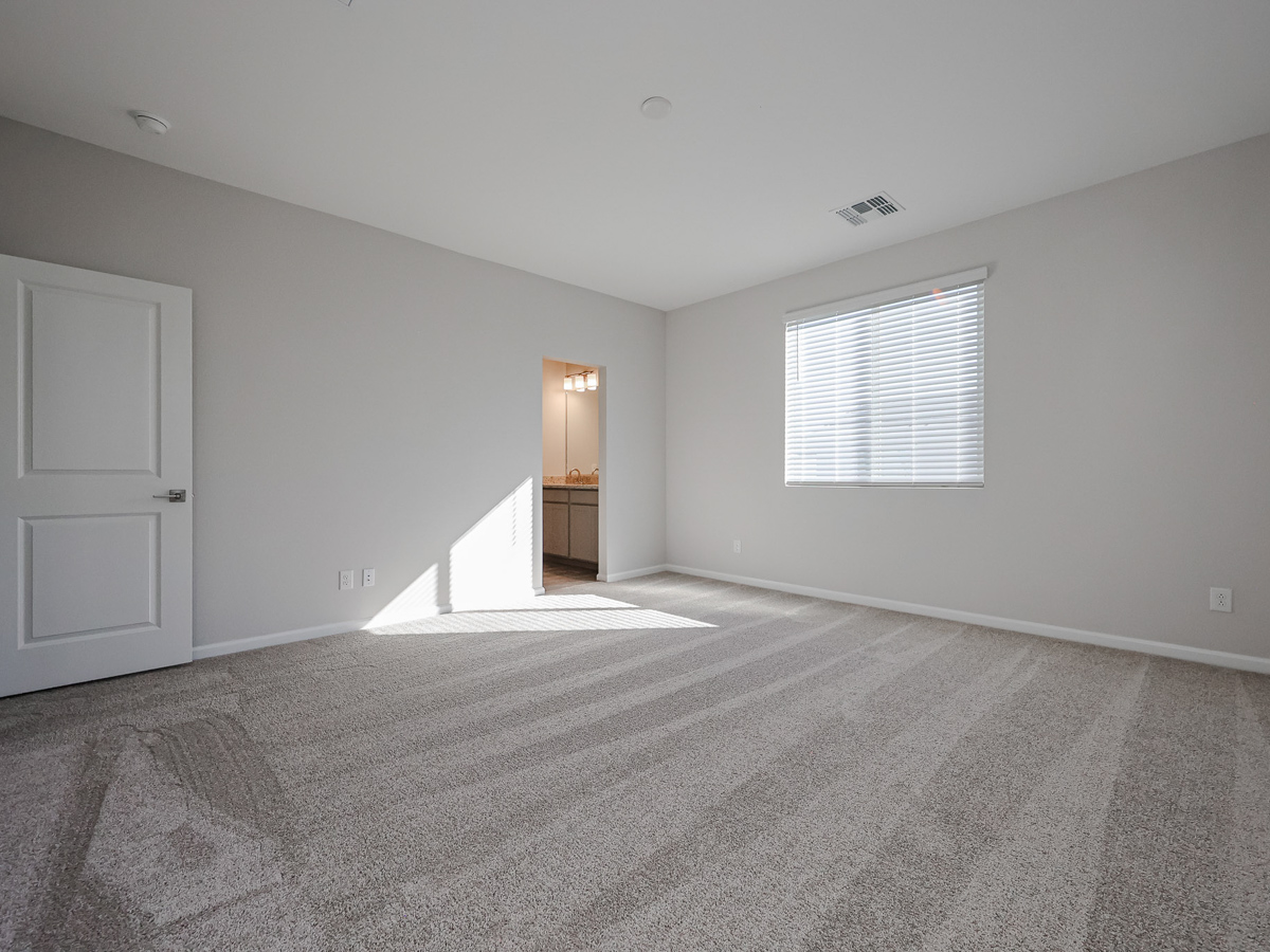 A room with a carpet and a door.