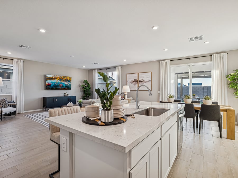A kitchen with a large island.