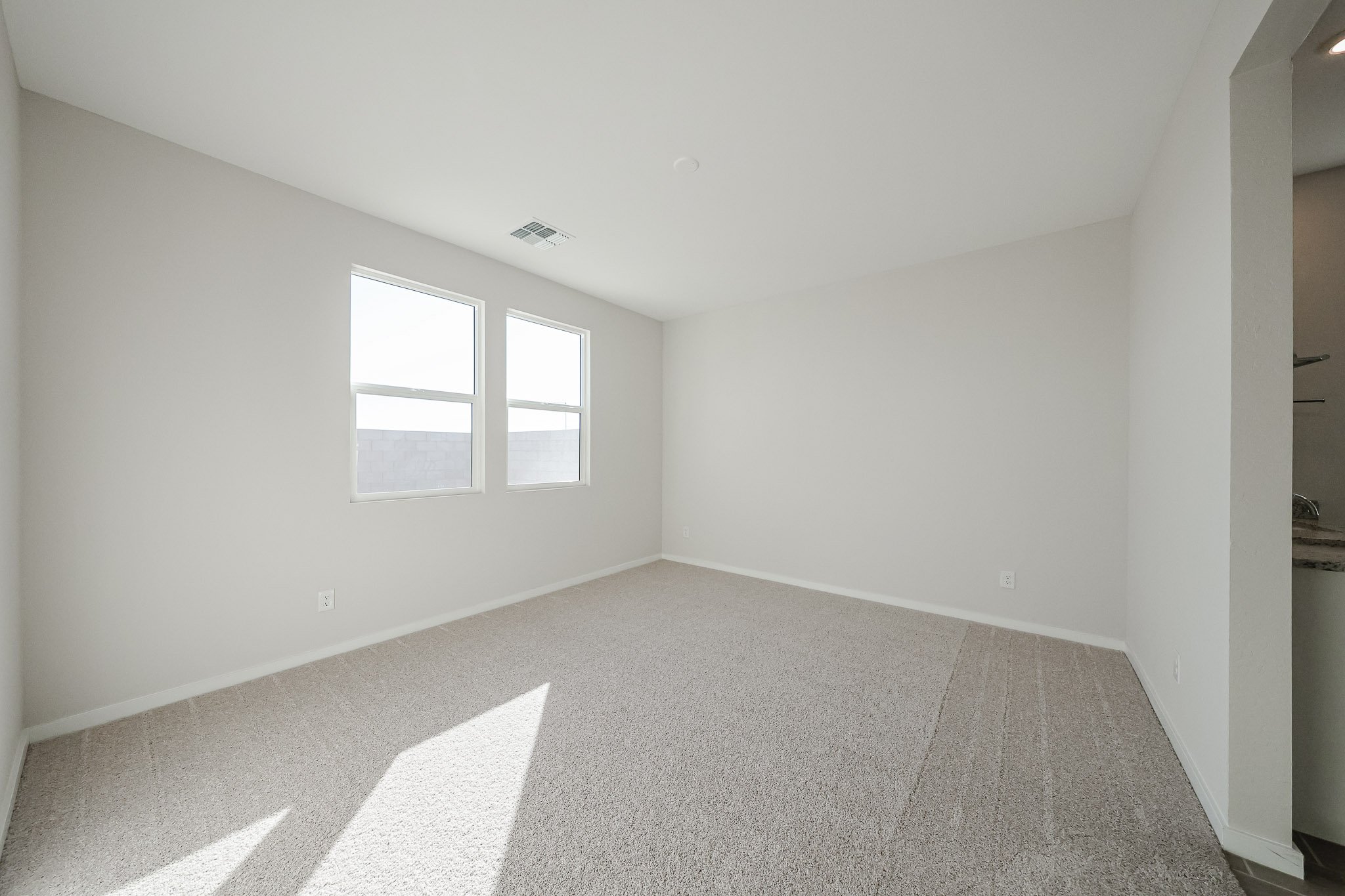 A room with a carpet and windows.