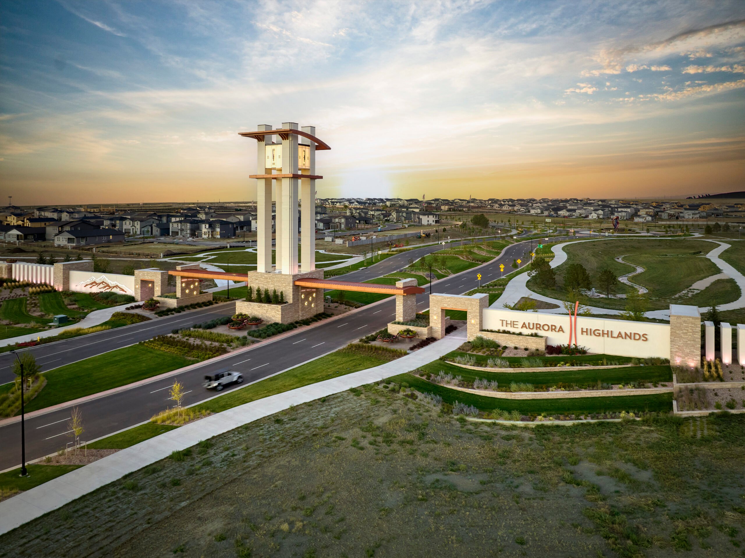 A large white tower in a city.