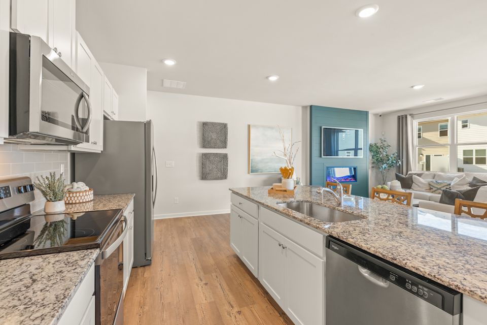 A kitchen with a large island.