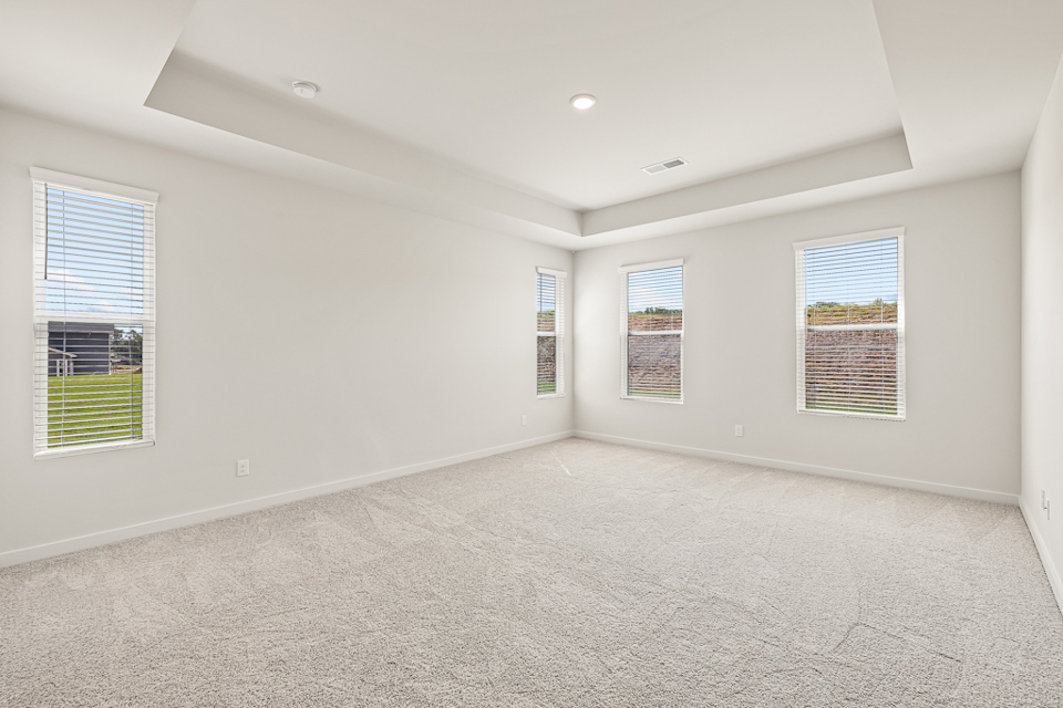 A room with a carpet and windows.