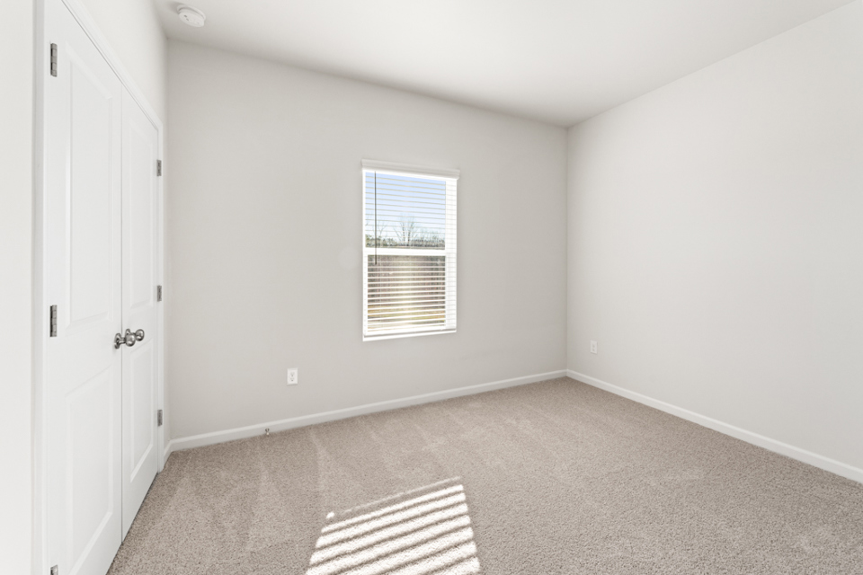 A room with a rug and a window.