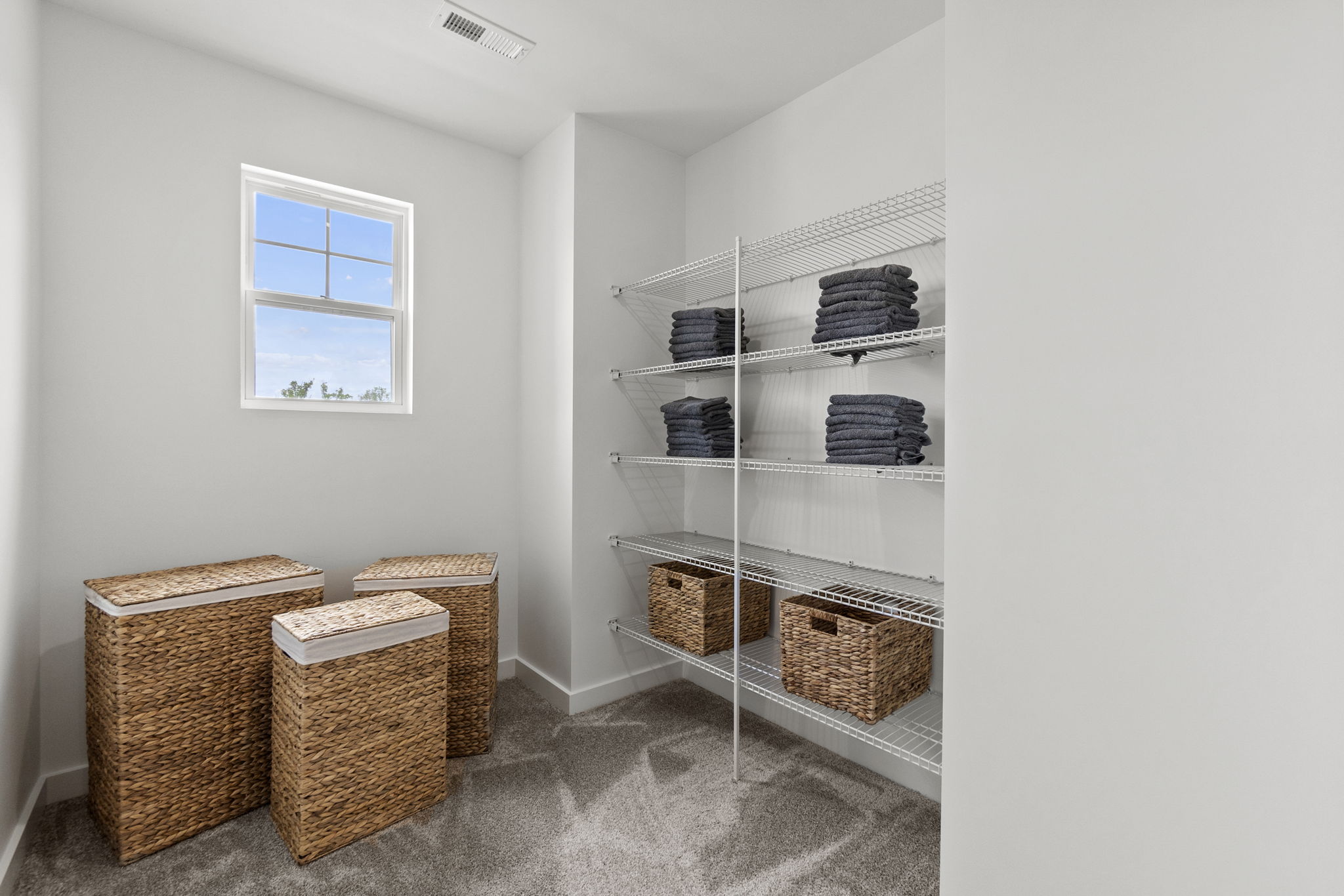 A room with shelves and baskets.