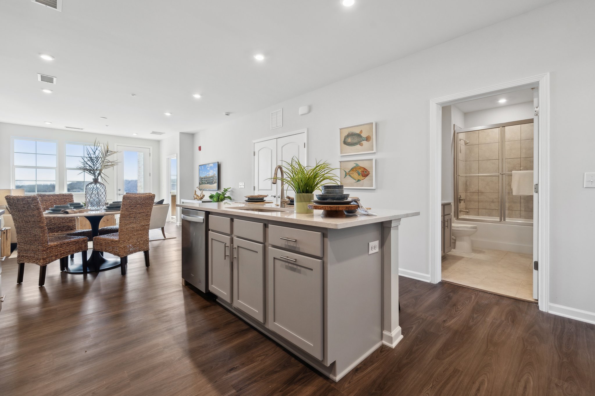 A kitchen with a large island.