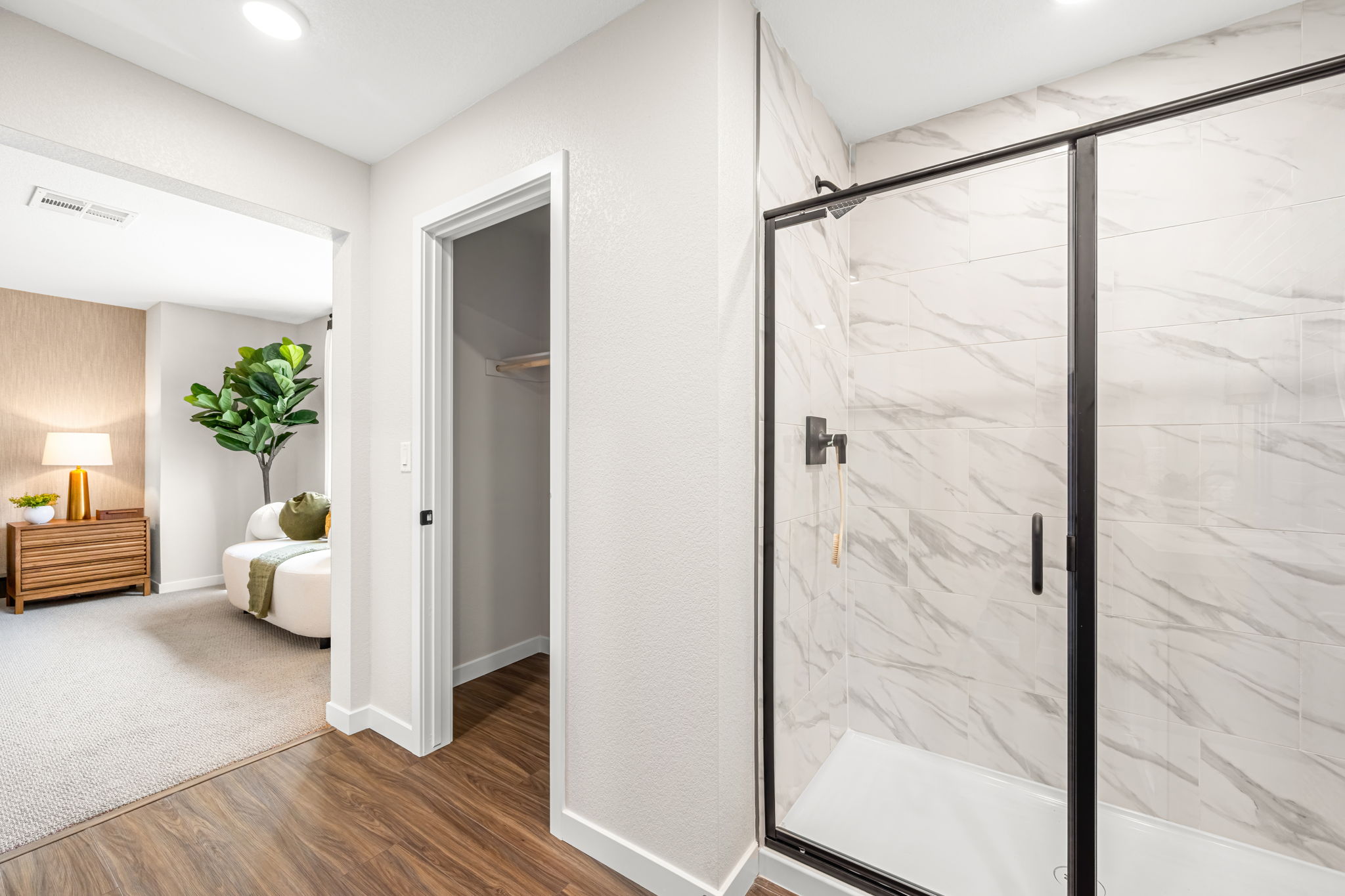 A room with a glass door.