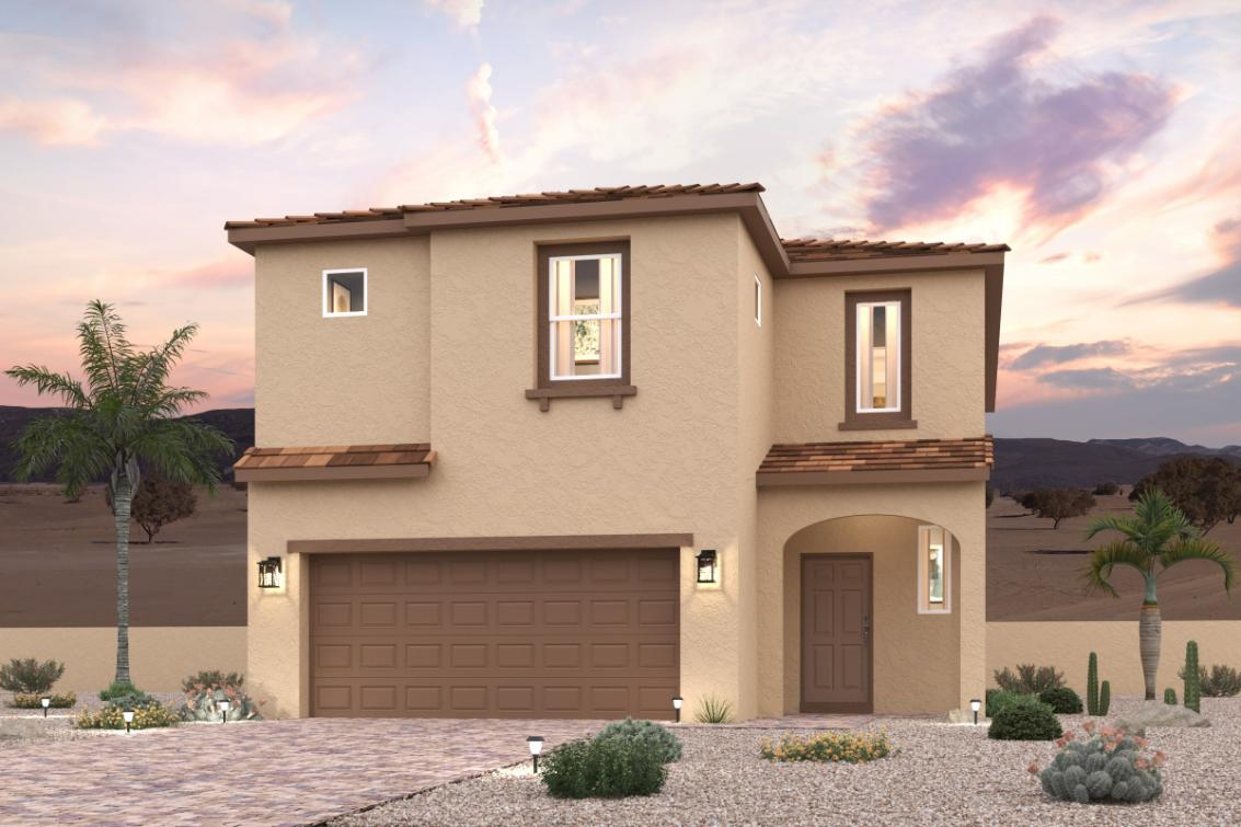 A house with a garage and palm trees.