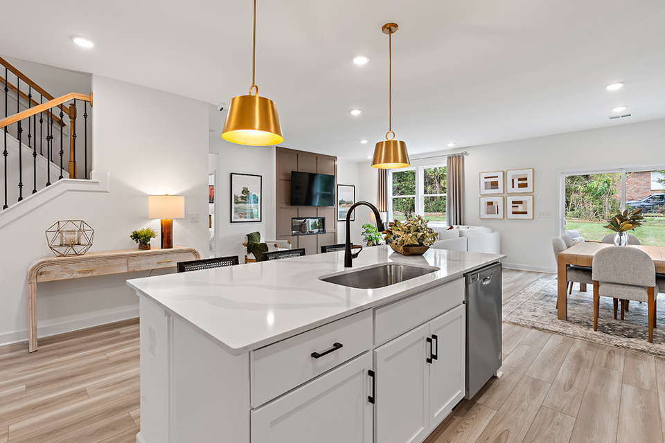A kitchen with a large island.