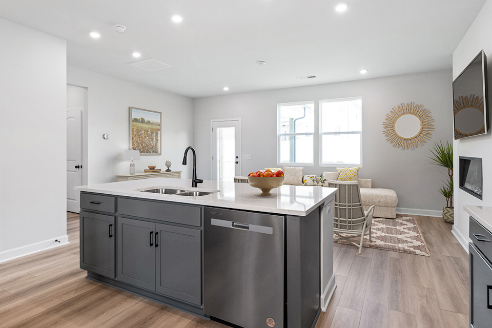 A kitchen with a large island.