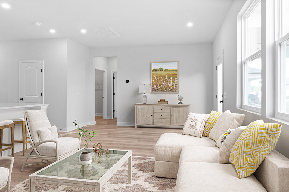 A living room with a couch and a coffee table.