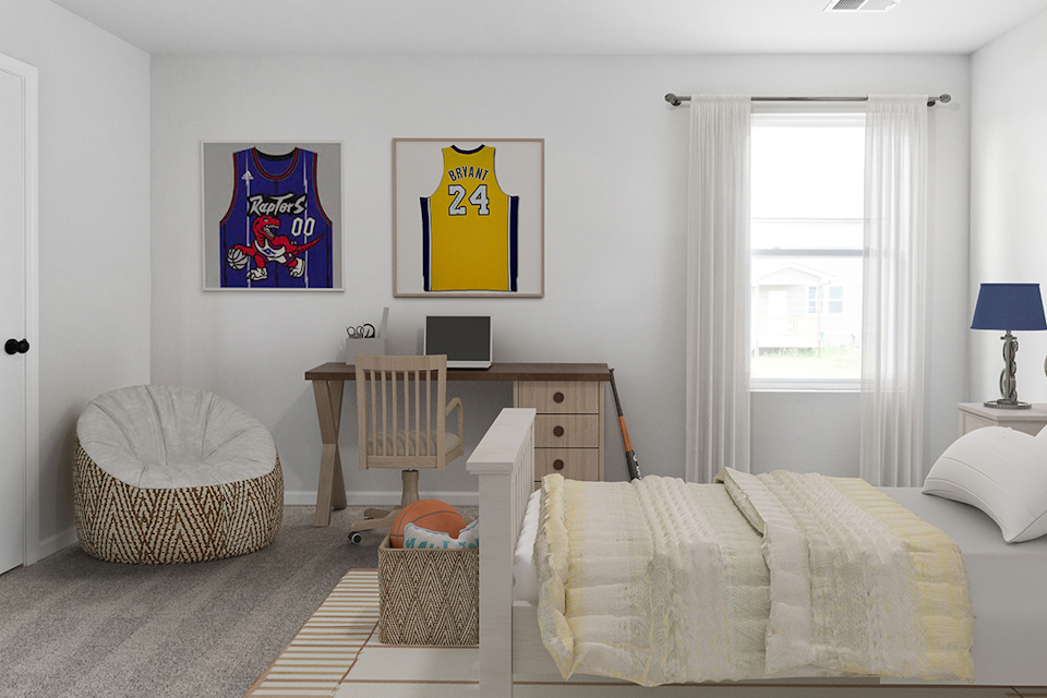 A bedroom with a bed and a chair.