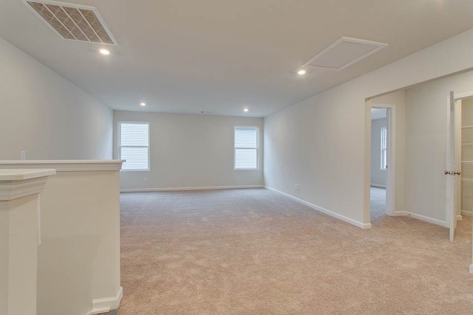 A room with a carpet and windows.