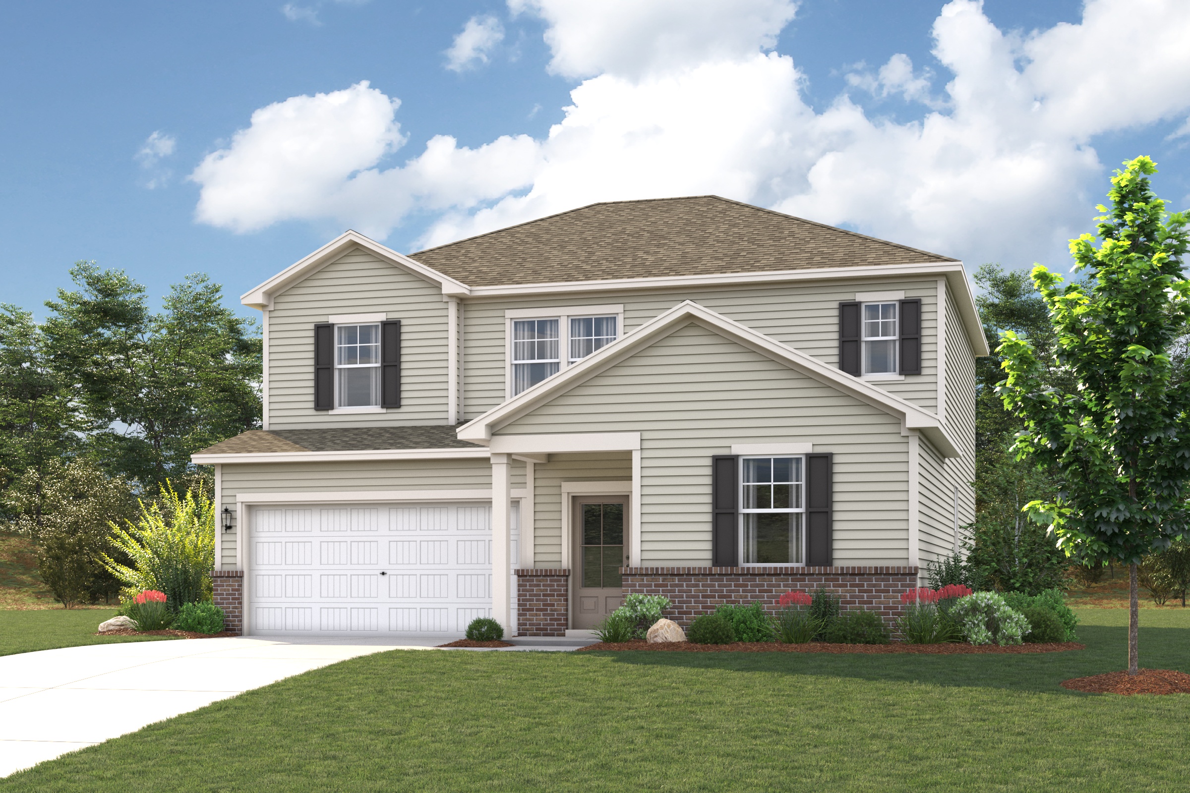 A house with a garage and trees.