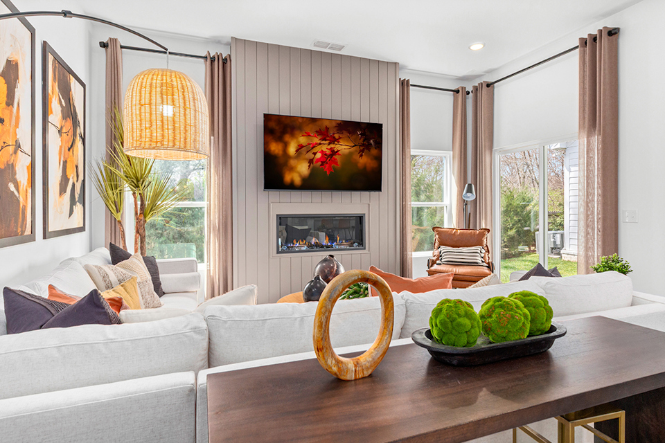 A living room with a large window.