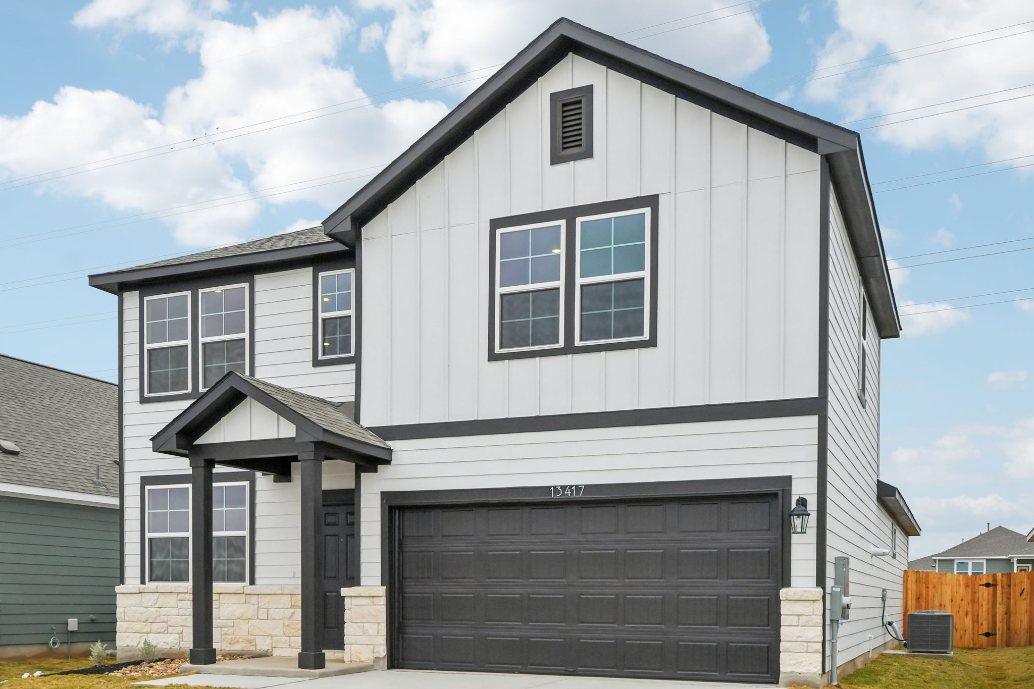 A grey and white house.