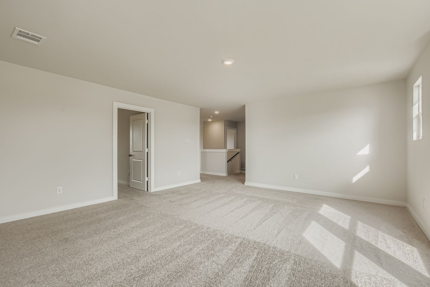 A room with a carpet and a door.