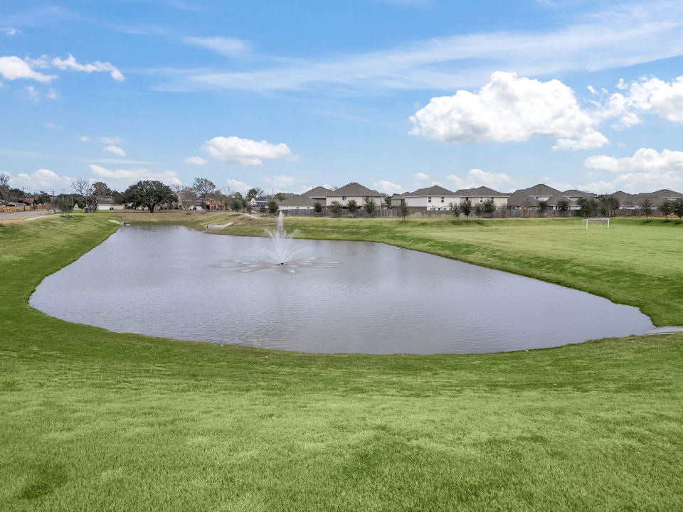A pond in a grassy field.