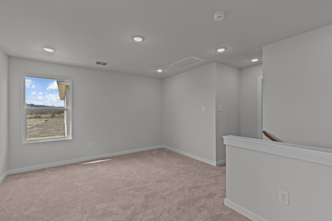 A room with a window and a rug.