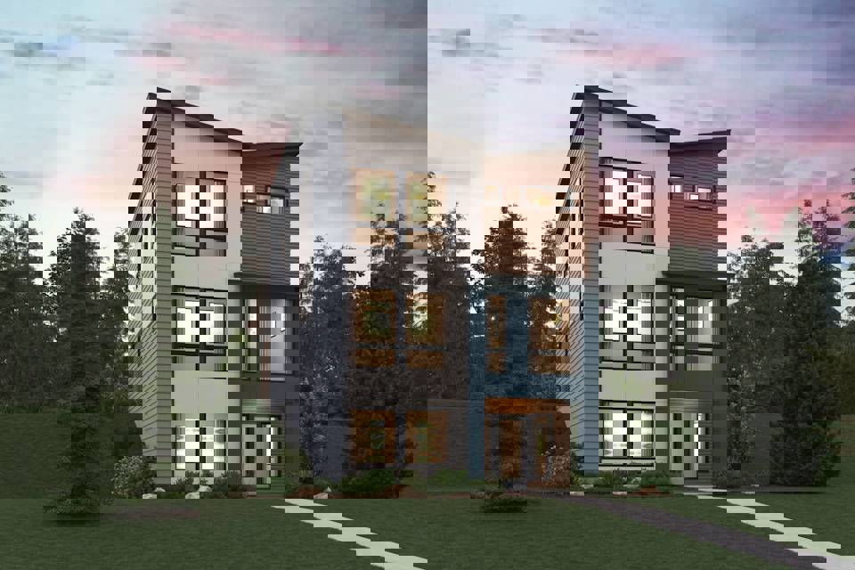 A house with trees around it.