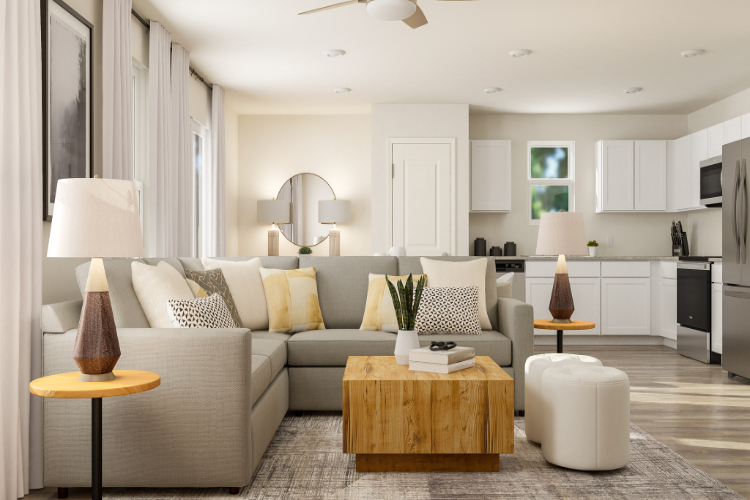 A living room with a couch and a coffee table.